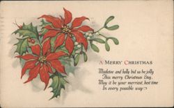 Christmas Poinsettias, Holly & Mistletoe with Poem, 1925 Niles OH Postcard