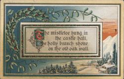 Christmas Mistletoe & Holly Poem, Winter Village & Church Scene Postcard
