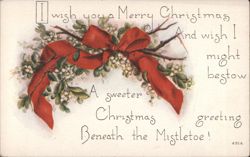 Merry Christmas Greeting with Red Ribbon and Mistletoe Poem Postcard