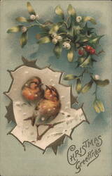 Robins in Snow with Mistletoe and Holly, Christmas Greetings Postcard