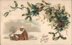 Winter Church in Snow with Holly and Mistletoe, Christmas Greetings Postcard