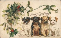 Happy Christmas Puppies with Holly & Mistletoe Postcard
