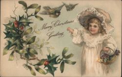 Merry Christmas Greeting Girl with Holly, Mistletoe & Birds Postcard