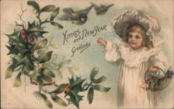 Young Girl with Holly and Mistletoe, Christmas and New Year Greetings Postcard