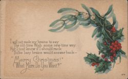 Merry Christmas! What More Do You Want? Mistletoe & Holly Poem Postcard