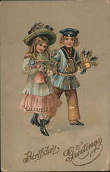 Birthday Greetings with Children in Sailor and Floral Outfits Postcard