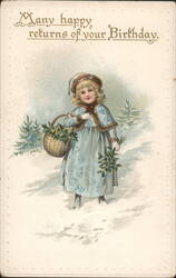 Young Girl in Snow with Holly & Mistletoe, Birthday Greeting Postcard