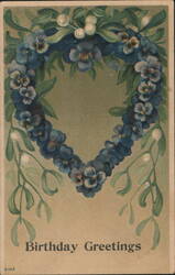 Birthday Greetings Pansy and Mistletoe Heart Wreath Postcard