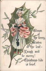 Christmas Greeting with Woman in Holly Leaf and Mistletoe Postcard