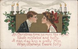 Christmas Mistletoe Kiss with Man and Woman, Holiday Rhyme Postcard