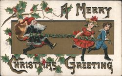 A Merry Christmas Greeting with Santa Claus and Children Running Postcard
