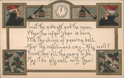 New Year's Watchman with Lantern, Clock & Holly Greeting Poem Postcard