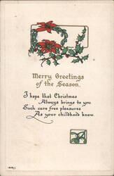 Merry Greetings of the Season, Poinsettias & Holly, Christmas Poem Postcard