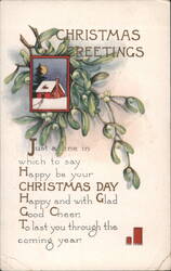 Christmas Greetings with Mistletoe, Snowy House, and Moon Postcard