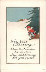 New Year Greeting with Child on Sled in Snowy Landscape Postcard