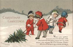 Christmas Greetings with Children Pulling Tree in Snow, Ellen H. Clapsaddle Postcard