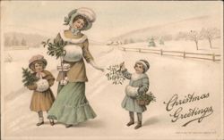 Christmas Greetings Woman & Two Girls in Snow with Mistletoe Postcard