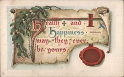 Health and Happiness Mistletoe Greeting with Ornate Scroll and Wax Seal Postcard