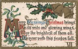 Christmas Greeting with Holly, Mistletoe, Bells, and Festive Poem Postcard