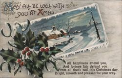 Christmas Greeting with Snow Scene, Holly, and Winter Poem Postcard