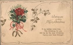 Merry Christmas Poinsettia and Holly Greeting with Horseshoe Postcard