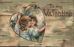 Two Girls Kissing in Heart Frame, To My Valentine, 1915 Postcard