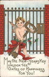 Cherub with New Year's Key Unlocking Gates of Happiness Postcard