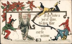 New Year's Jesters Teasing Father Time with Hourglass & Scythe Postcard