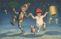 Dancing Children with Pig and Stars for New Year Postcard