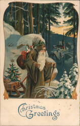 Santa Claus in Snowy Forest with Christmas Tree, Village, Christmas Greetings Postcard