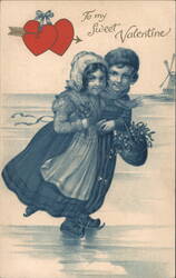Sweet Valentine Greeting with Ice Skating Dutch Children and Hearts Postcard