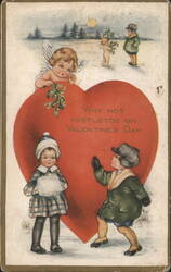 Why Not Mistletoe on Valentine's Day, Children and Angels with Red Heart Postcard