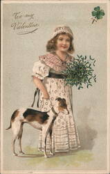 Valentine Girl with Dog and Mistletoe Postcard