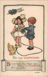 Valentine's Day Children with Dog, Heart Ribbon, Flowers, and Cupid Arrow Postcard
