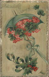 Happy Birthday Umbrella with Red Flowers & Clovers, Holly & Mistletoe Postcard