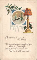 Christmas Wishes with Holly, Winter Scene, and Lamp Postcard