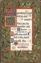 Christmas Mistletoe Greeting with Holly and Decorative Initials Postcard