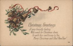 Christmas Greetings with Bells, Mistletoe, and Red Ribbon Postcard