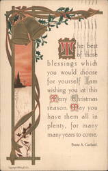 Merry Christmas Greeting Card with Bells, Holly, and Winter Church Scene Postcard