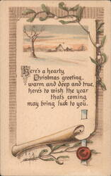 Christmas Greeting with Mistletoe, Winter Landscape, Scroll & Wax Seal 1912 Postcard