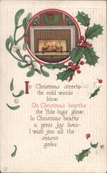 Christmas Fireplace with Yule Logs, Holly & Mistletoe Greeting, Series 220 Postcard