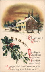 Snowy Christmas House Scene with Horse-Drawn Sleigh, Holly & Mistletoe Postcard