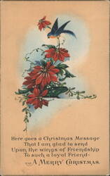 Blue Bird & Poinsettias Christmas Greeting with Friendship Message Postcard