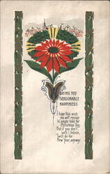 Christmas & New Year Greeting with Red Flower, Town Scene & Poem Postcard