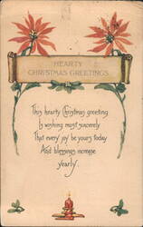Hearty Christmas Greetings with Poinsettias, Candle, and Mistletoe Postcard