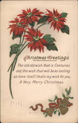 Christmas Greetings Poinsettias and Bells A Very Merry Christmas Postcard