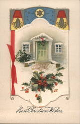 Best Christmas Wishes Winter Scene with Holly and Snow-Covered House Postcard