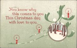 Christmas Greeting Card with Mistletoe, Candles, and Snowy Forest Scene Postcard