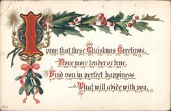 Christmas Greetings with Holly, Mistletoe, Candles, Decorative Initial I Postcard