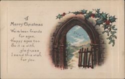 Merry Christmas Greeting with Archway, Holly and Mistletoe Postcard